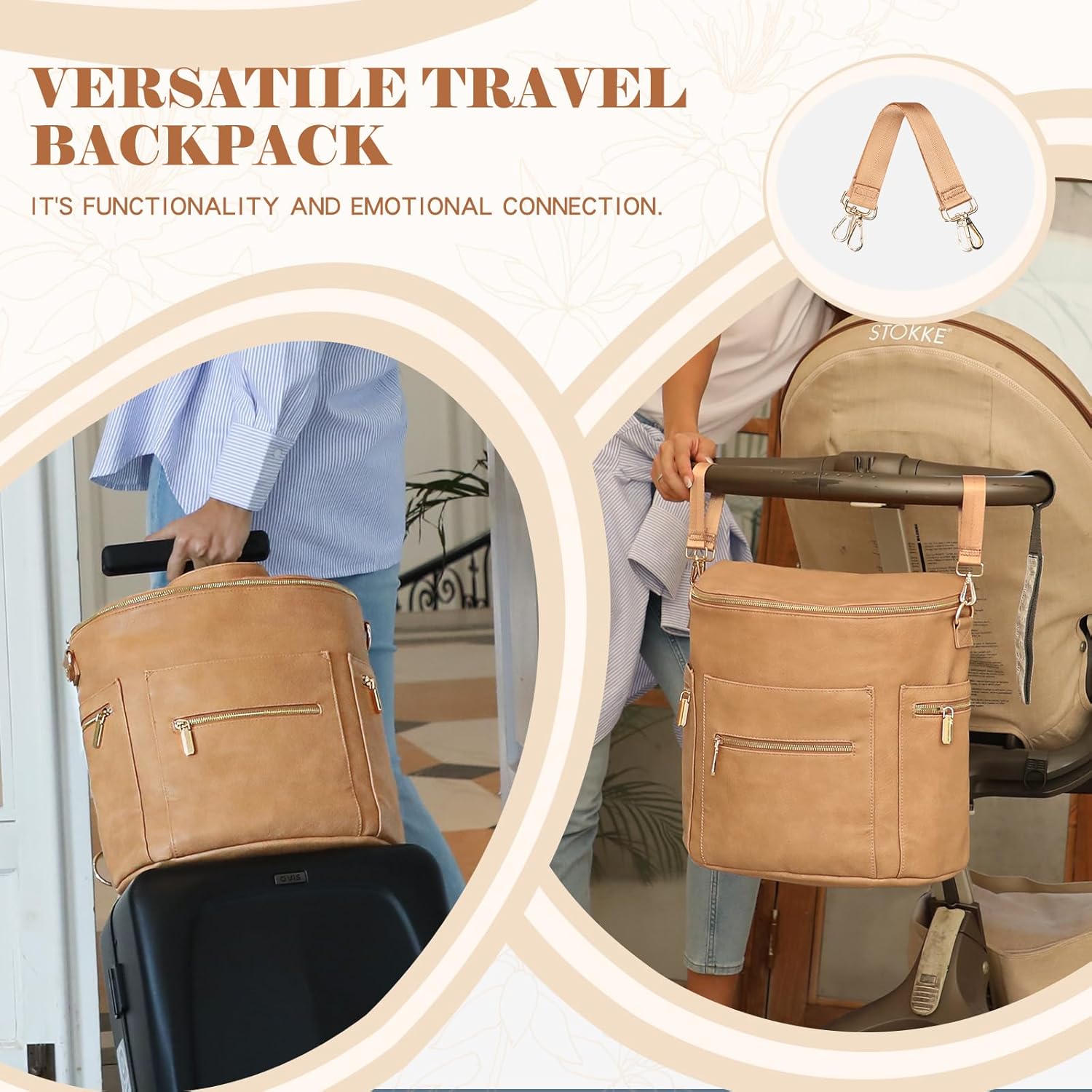 Alternative view of miss fong Diaper Bag Backpack Baby Diaper Bag, Large Leather Diaper Bag Backpack with 15 Pockets Diaper Bag Organizer, Changing Pad, Stroller Straps and 2 Insulated Pockets (Convertible, Peanut)