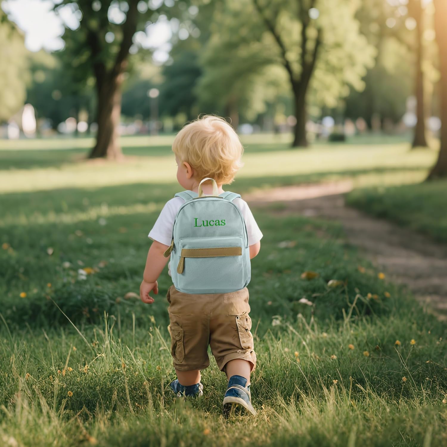 MT WORLD Daycare Backpack - Personalized Canvas Backpack with Name - Classic 12inch Daypack with Back Pocket - Custom Daycare Diapering Bag for Overnight Travel Birthday Gifts (Lake Green, Medium)