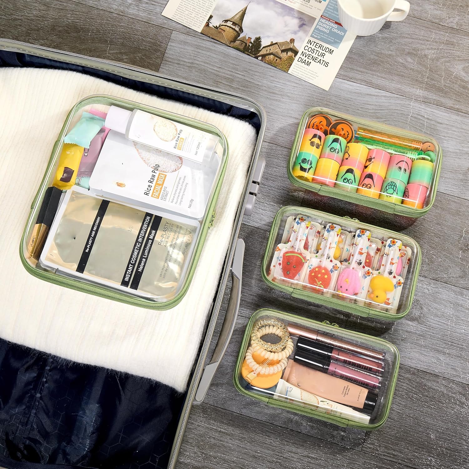 WELPIRT 4 pcs Clear Zipper Pouches,Hard Shell Zipper Case, Toiletry Bag for Travel, CLear Diaper Bag, Toiletry Pouch, Travel Organizer, Cosmetic Bag,Toy Storage Bins (M+3S) (Mint Green)