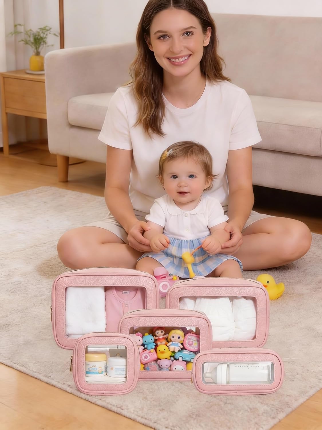 5Pcs Diaper Bag Organizer Pouch Set, Waterproof Travel Clear Makeup Bag Set for Women Small Toiletry Bag Travel Packing Organizer Bags Cosmetic Case with Zipper Compact Car Organizer Bag (Pink Set)