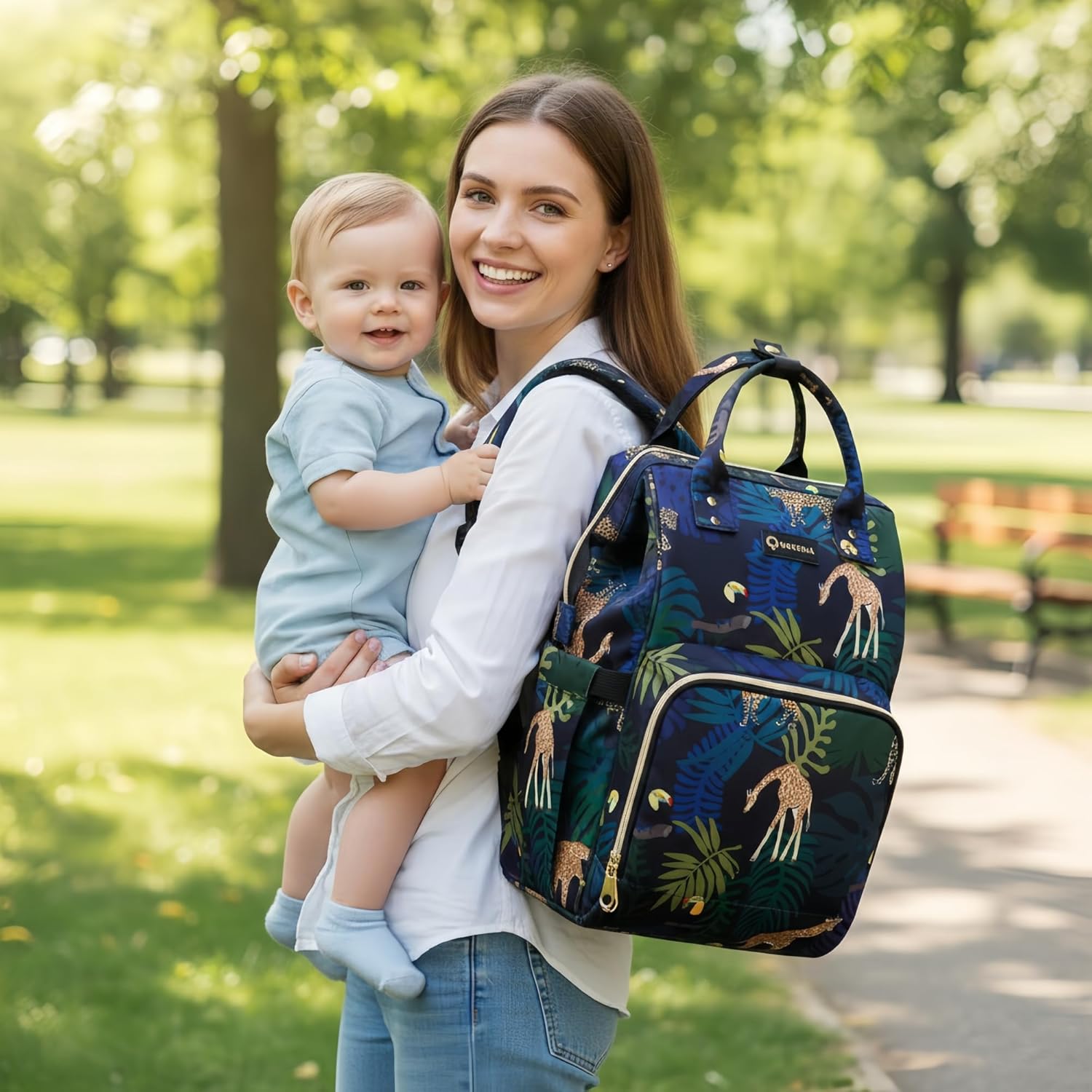 QWREOIA Diaper Bag Backpack, Animal Print Travel Nappy Bag with USB Charging Port Stroller Straps and Insulated Pocket For Women/Mum (Animal Print Pattern)