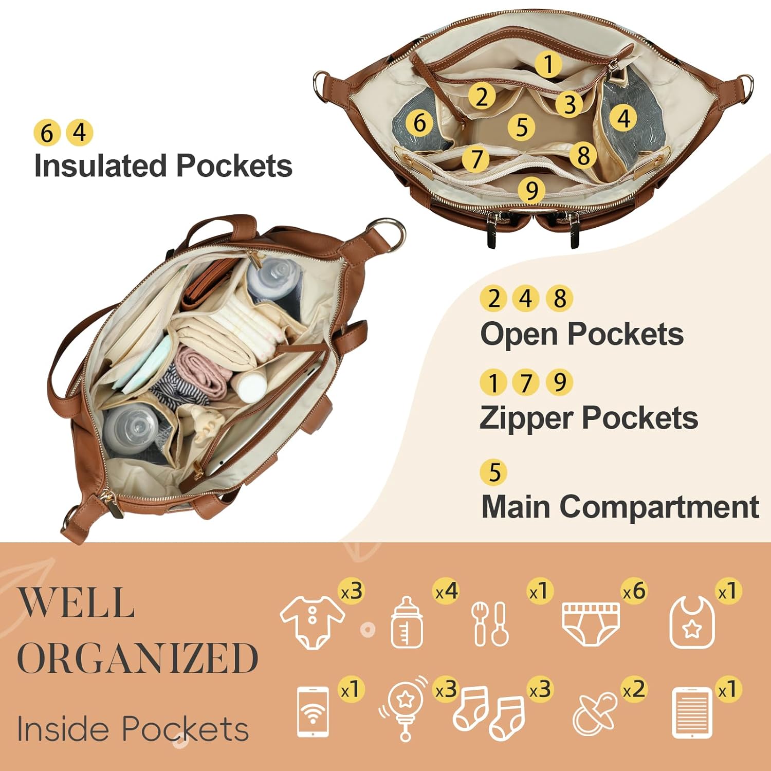 Alternative view of miss fong Diaper Bag Tote Leather Diaper Bag Backpack Pañaleras Para Bebe with 11 Pockets,Leather Diaper Tote with Diaper Changing Pad, Baby Bag for Moms Mommy Bag for Women