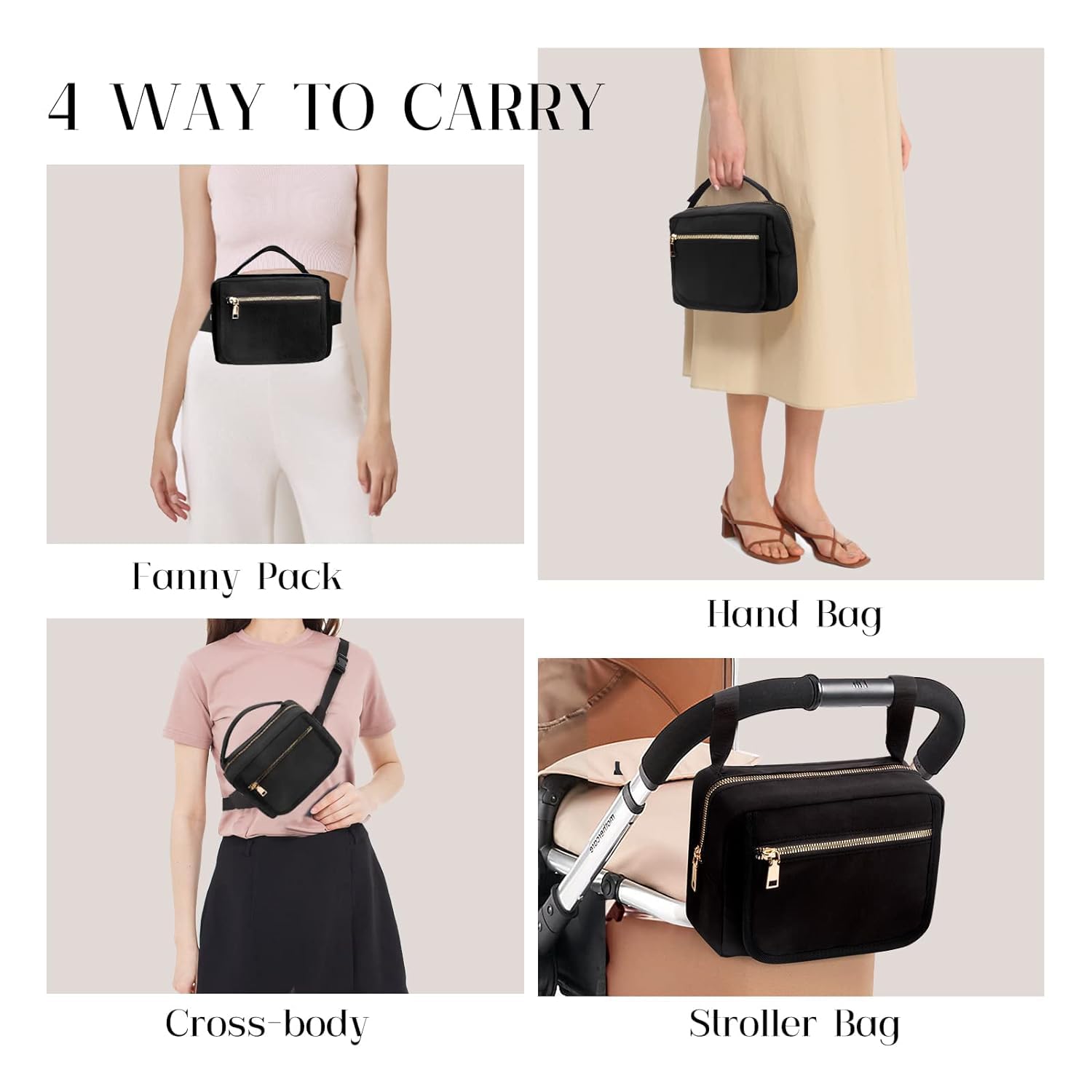 Alternative view of printe Small Diaper Bag with Portable Changing Pad, Crossbody Fanny Pack with Wipes Pocket for Stroller, Women Waist Bag for Travel, Black Large