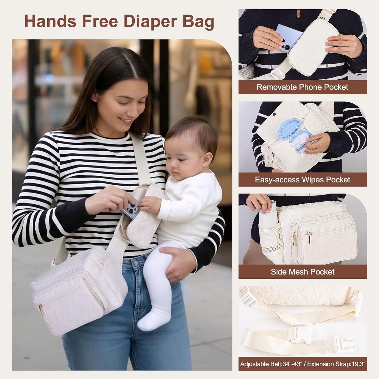 Rexmore Puffer Quilted Fanny Pack Diaper Bag for Mom - Womenu2018s Compact Crossbody Purse with Portable Changing Pad & Wipes Pouch, Travel & Quick Errand Baby Essentials Organizer (Off White)