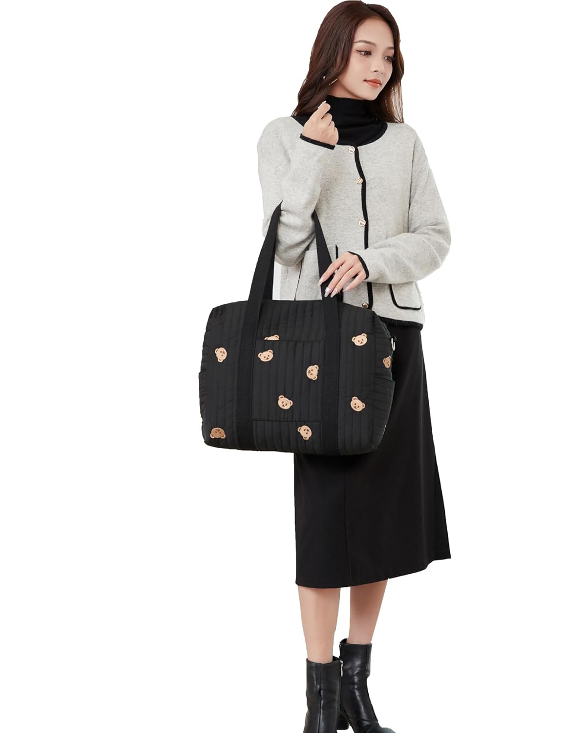 LORADI Diaper Bag Tote with Insulated Pockets and Stroller Hooks for Travel (Black-gold, Large)