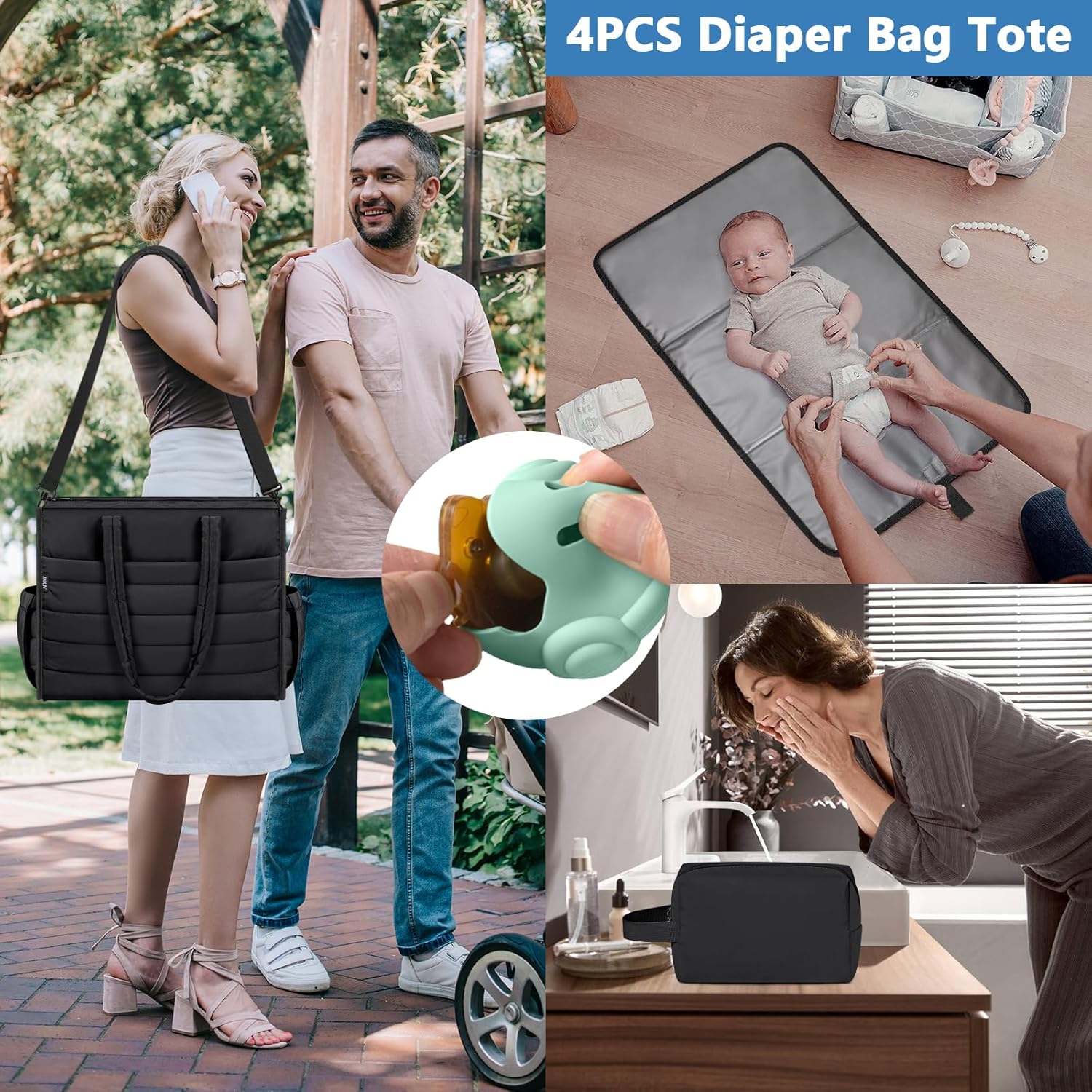 IBFUN Diaper Bag Tote for Baby - Large Baby Bag 4Pcs with Waterproof Changing Pad Pacifier Case, Travel Hospital Mommy Bag