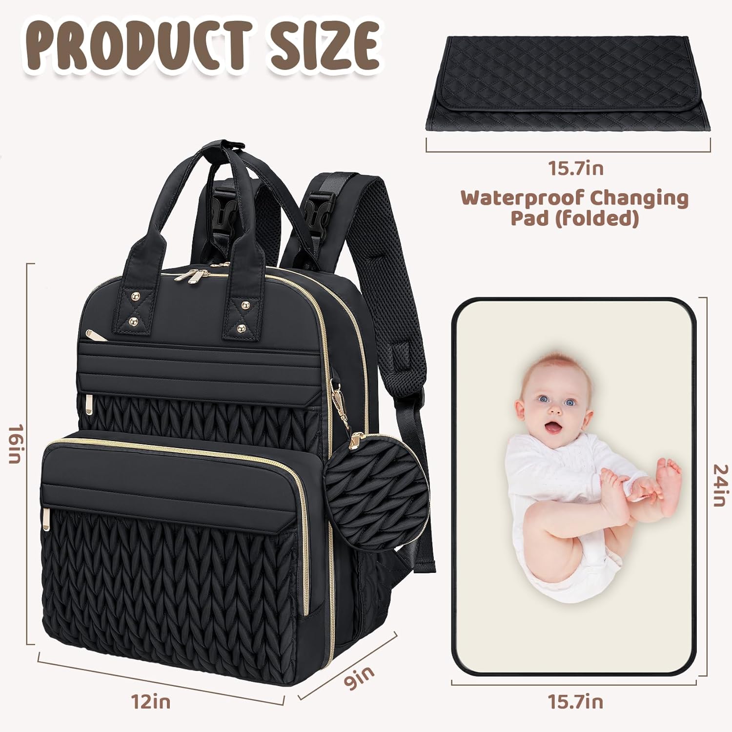 CandyHome Diaper Bag Backpack, Stylish Travel Baby Diaper Bags with Changing Pad, Insulated Pockets, Waterproof Baby Bag Converts into Tote Bag, Diaper Backpack, Stroller Bag (Black)