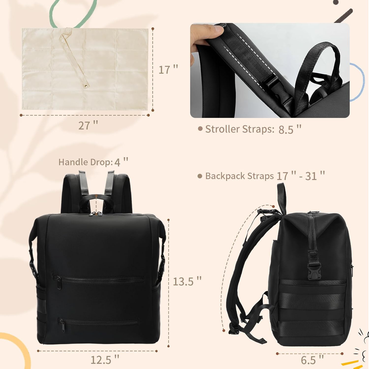 Omanmoli Diaper Bag Backpack,Large Neoprene Baby Bag for Boys Girls with 15 Diaper Bag Organizer,2 Insulated Pockets,Changing Pad,Stroller Straps,Black