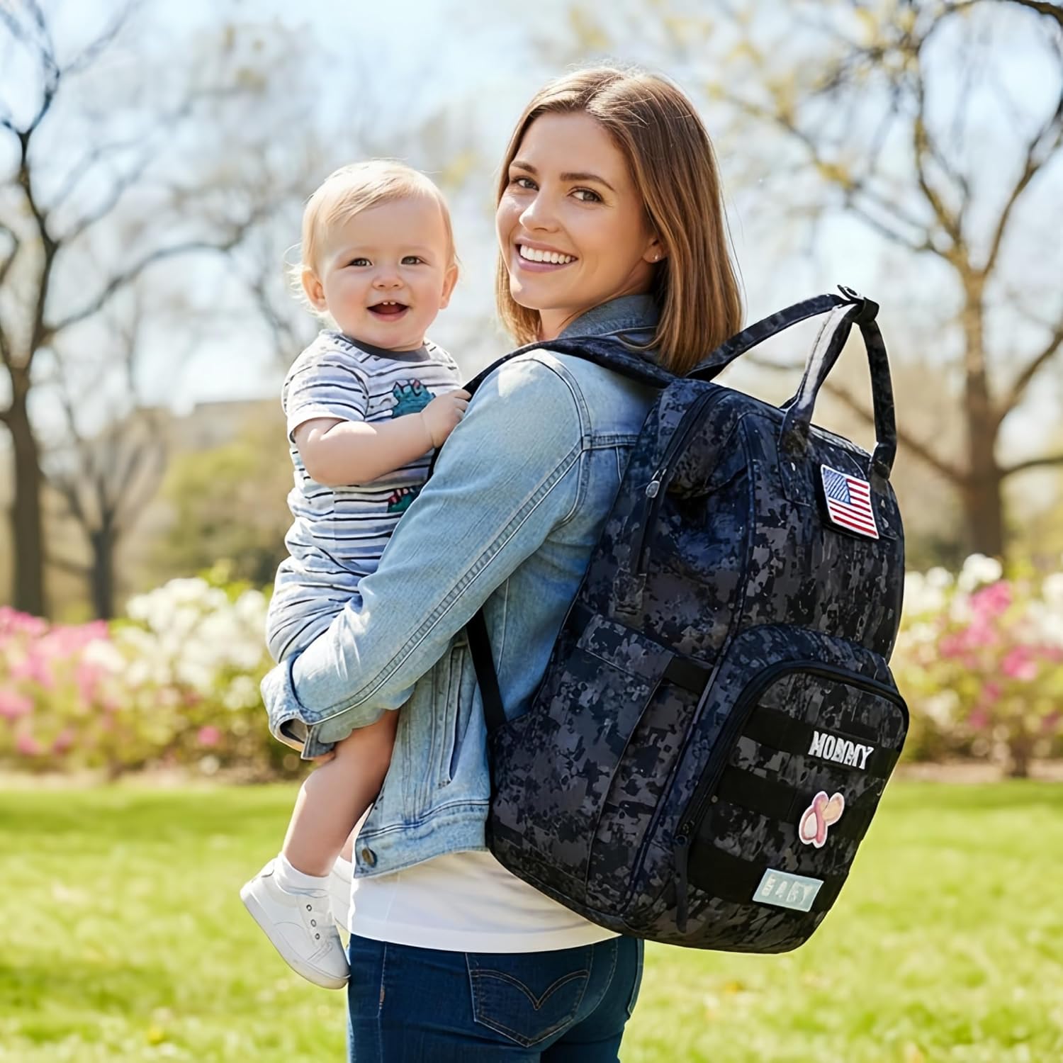 QWREOIA Camo Diaper Bag Backpack for Dad and Mom with USB Charging Port Stroller Straps and Insulated Pocket,army military Travel Nappy Backpack (DADDY and MOMMY patches)