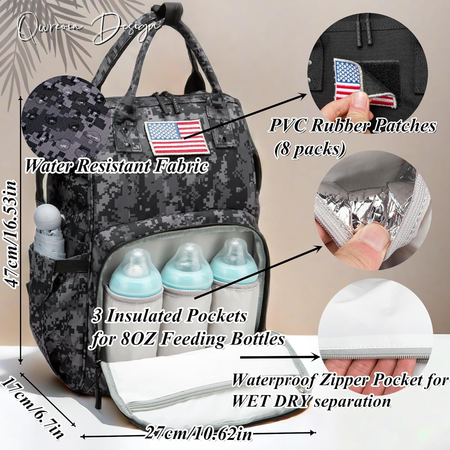 Alternative view of QWREOIA Camo Diaper Bag Backpack for Dad and Mom with USB Charging Port Stroller Straps and Insulated Pocket,army military Travel Nappy Backpack (DADDY and MOMMY patches)