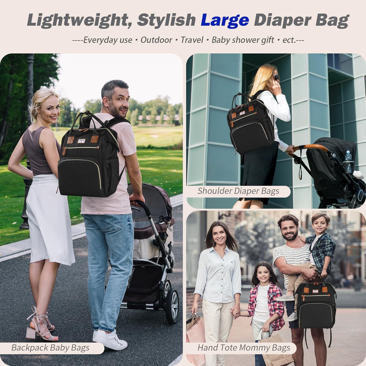 SUPROMOMI Diaper Bag Backpack:Baby Bag Large Tote Diaper bag for Boys and Girls, Men's Diaper Backpack, Women's Shoulder Mommy Bag, 2 Kids Nappy bag for mom and dad Black