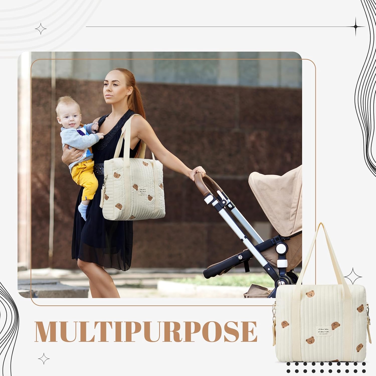Paterr 2 Pcs Quilted Diaper Bag Tote Multifunction Multisize Maternity Bag Cotton Cute Diaper Handbag for Women Nurse