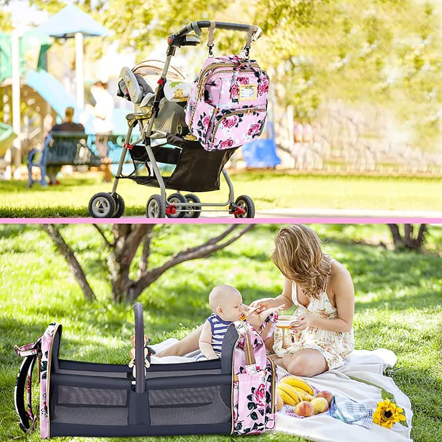 GurZinn Diaper Bag Backpack with Changing Station, Foldable for Bady Toddler, 3 in 1 Large Capacity Newborn Essentials Organizer with Stroller Hook for Girls and Boys（Pink）