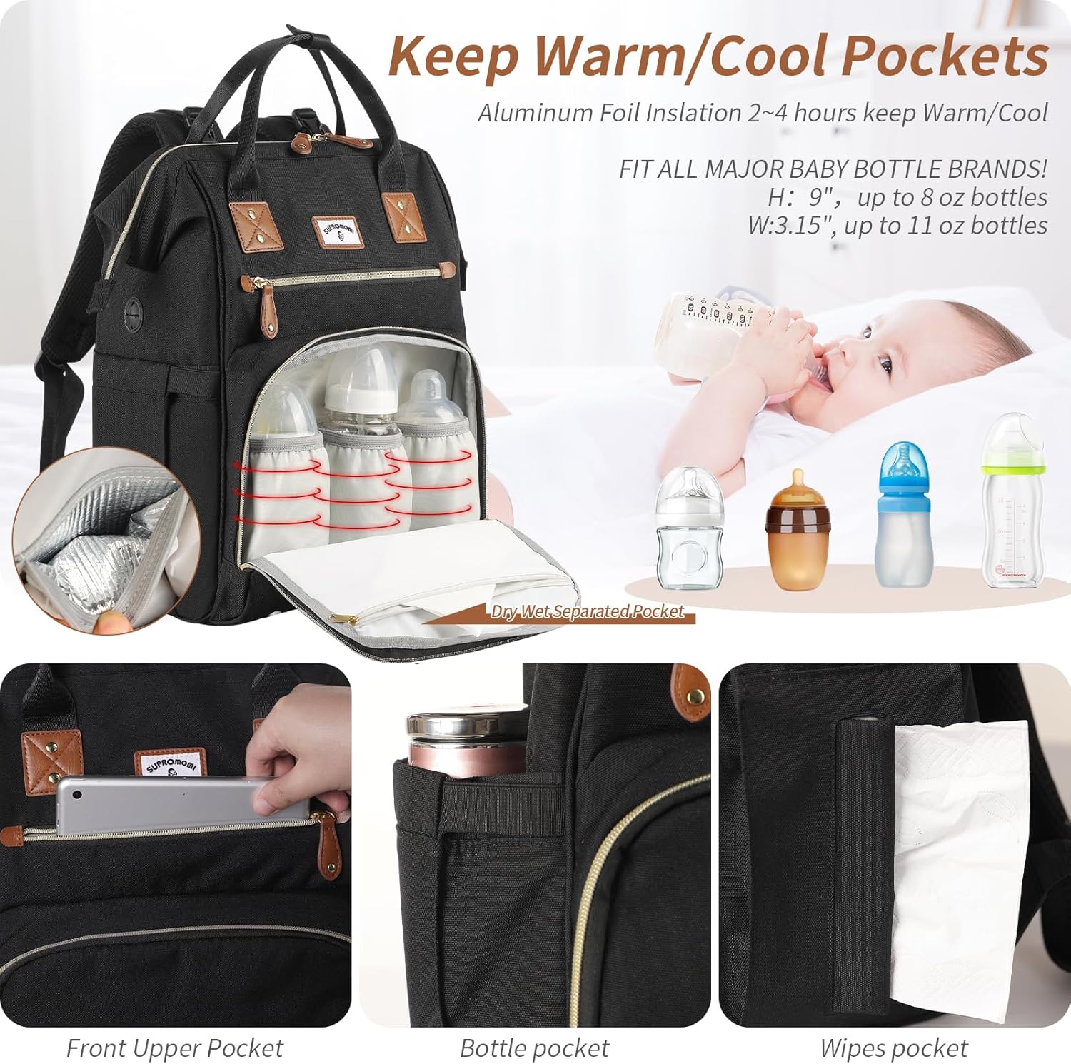 Alternative view of SUPROMOMI Diaper Bag Backpack:Baby Bag Large Tote Diaper bag for Boys and Girls, Men's Diaper Backpack, Women's Shoulder Mommy Bag, 2 Kids Nappy bag for mom and dad Black