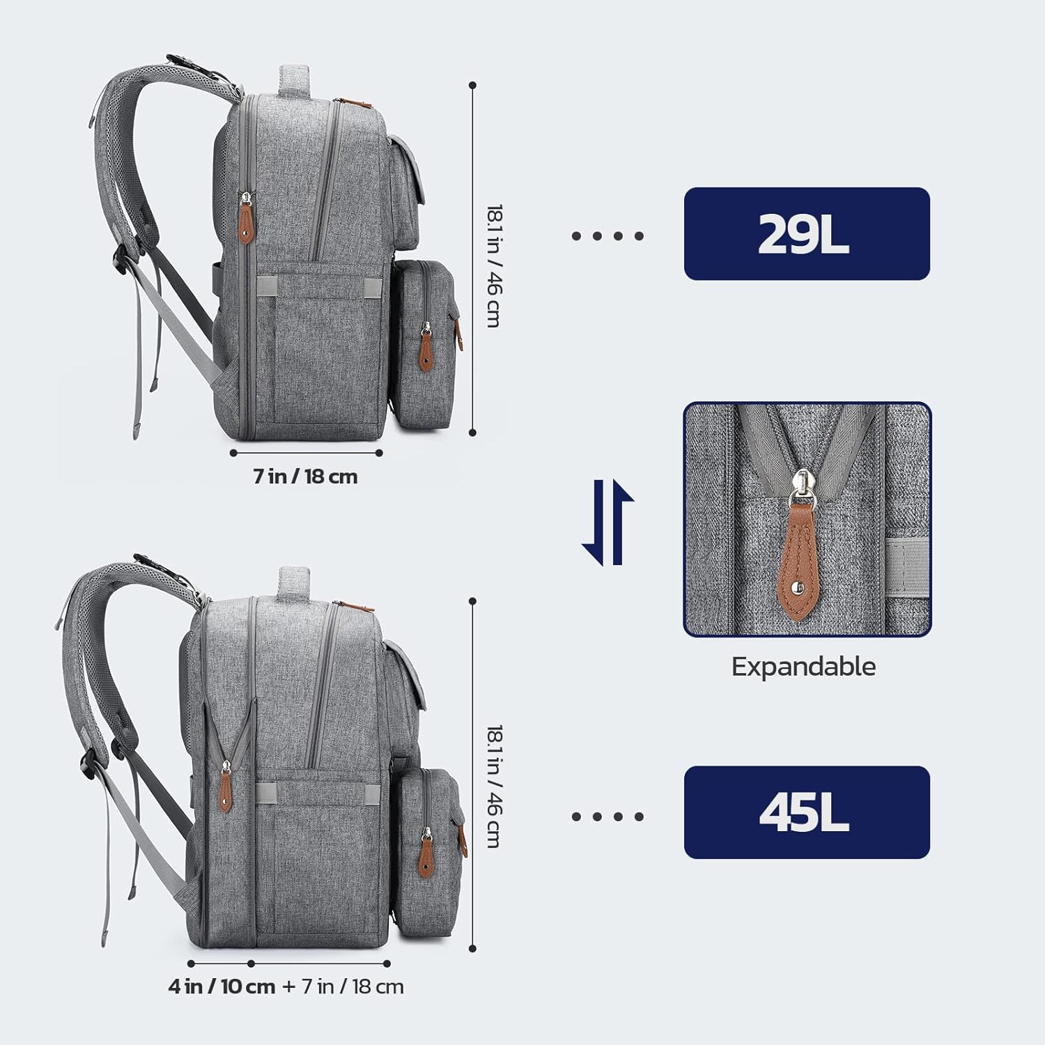 Diaper Bag Backpack,29L-45L Expandable Large Baby Bag for 2 Kids/Twins, with Removable Cross Body Bottle Bag for Mom/Dad,Stylish Nappy Bag Gift for Boys/Girl-Mothers Day Gifts-Elegant Grey