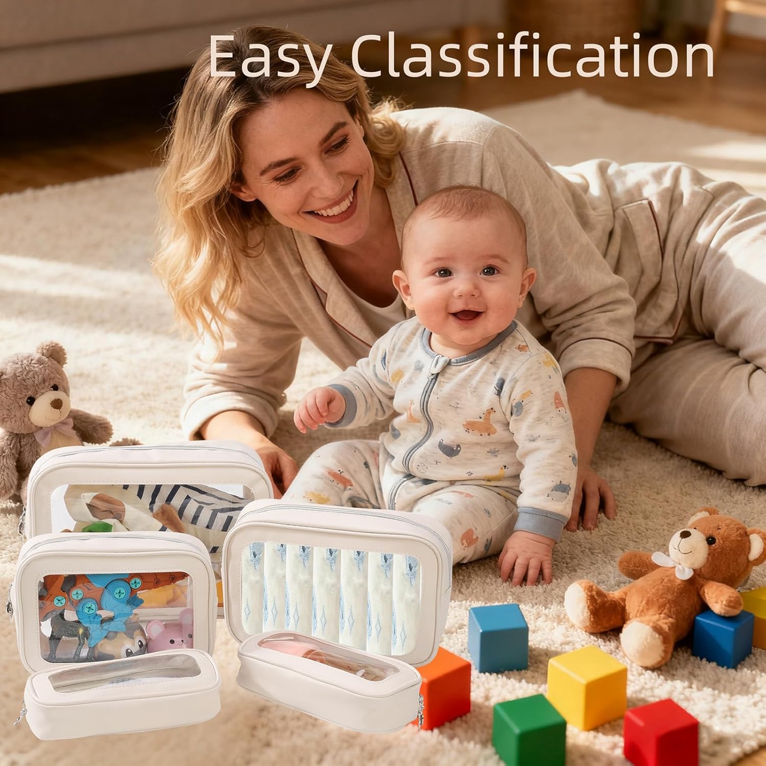 5PCS Diaper Bag Organizer Pouch Set，Clear Organizer Bags,TSA Approved Toiletry Bag,Clear Waterproof Cosmetic Bags with Zipper,Purse Organizer Pouches,Travel Organizer Bags for Woman and Kids