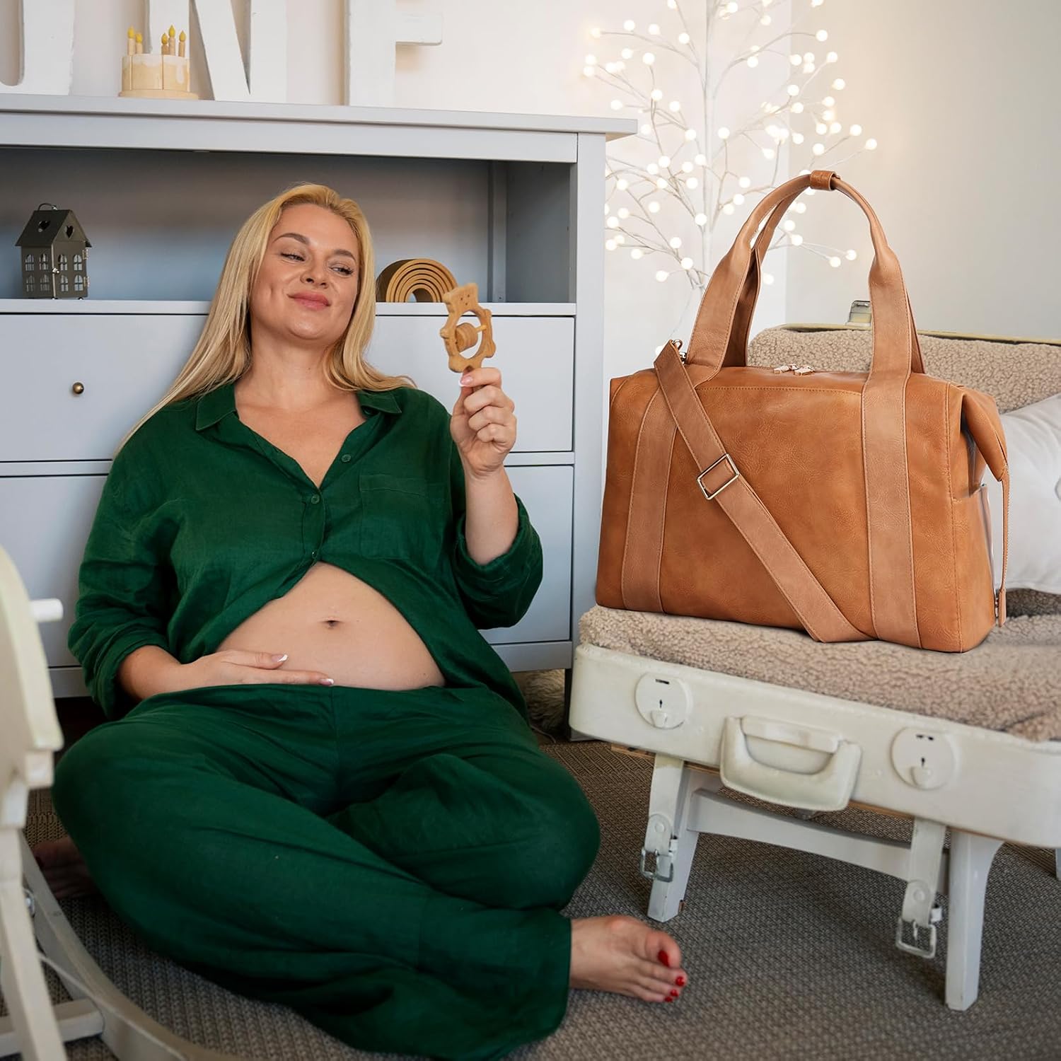 miss fong Large Diaper Bag Tote Pregnancy Hospital Bag Leather Diaper Bag,Baby Tote Bag with 9 Pockets Mommy Bag with Small Purse-Brown