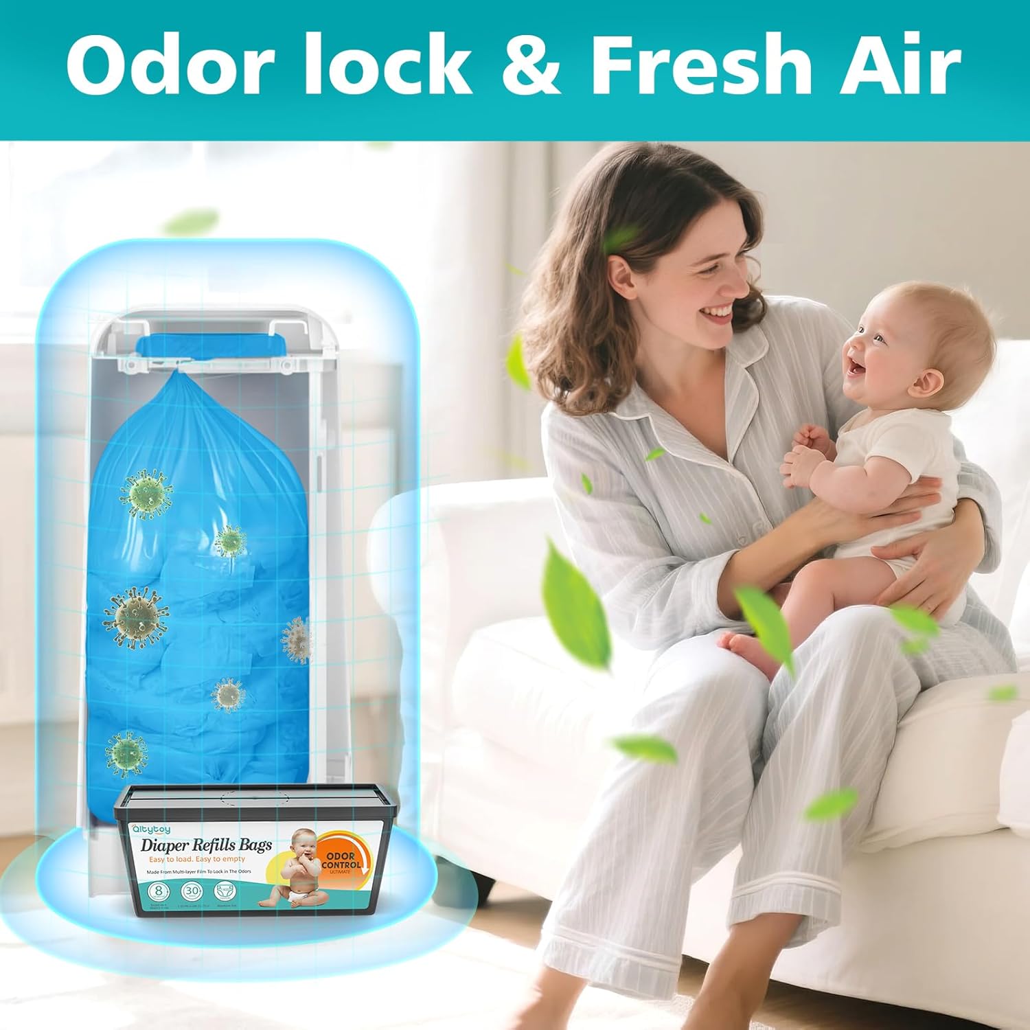 Alternative view of Qltytoy Diaper Pail Refill Bags Compatible with Diaper Genie Easy Roll Signature & Platinum Pails,2-Pack (60 Bags) Hold up to 2800 Newborn Diapers Extra Thickness Powerful Odor Control Easy to Use