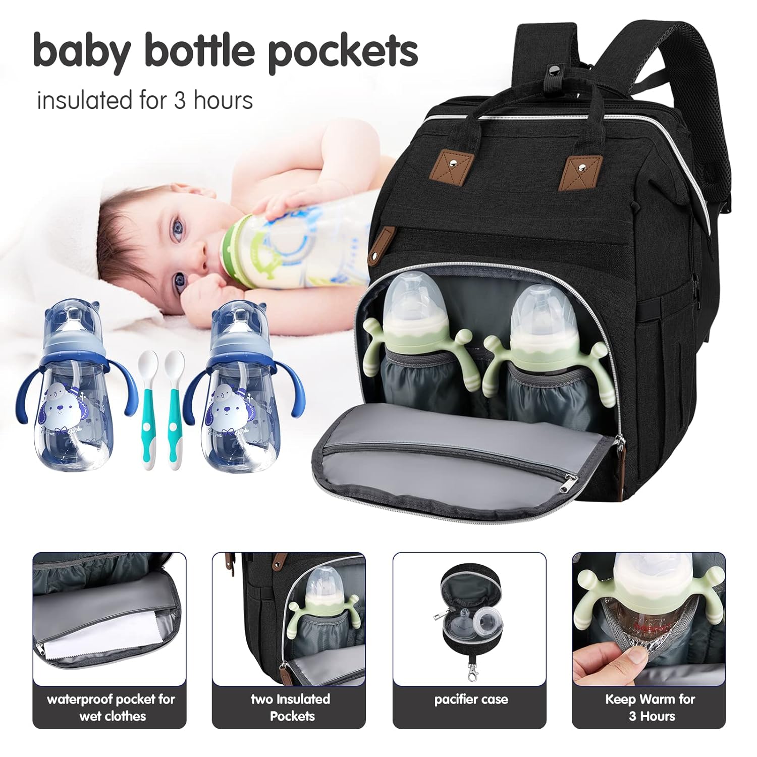Alternative view of DERJUNSTAR Baby Diaper Bag Backpack, Diaper Changing Station, Baby Bags for Boys Girls,Waterproof Changing Pad,USB Charging Port,Pacifier Case, Sunshade and Toy Bar,