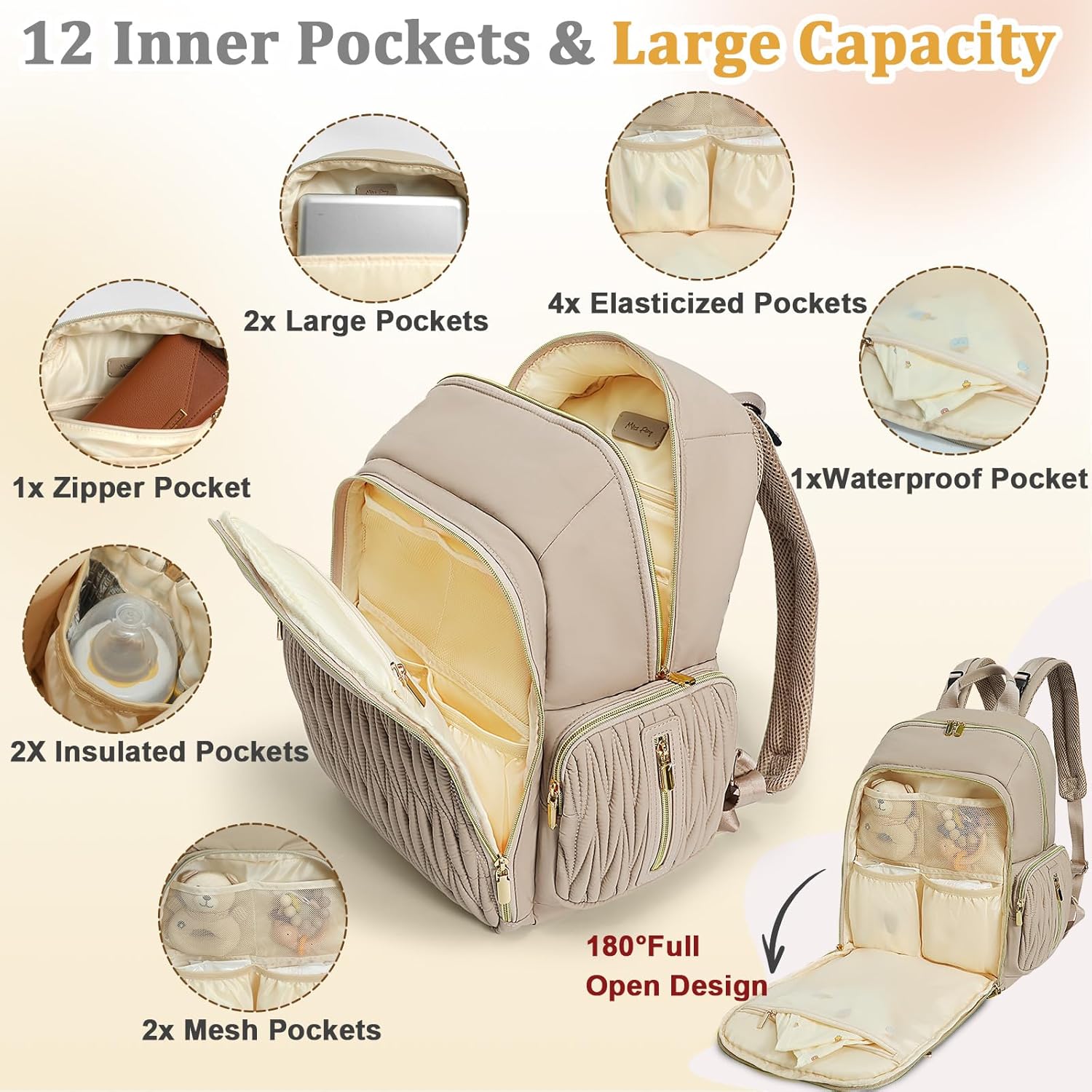 Alternative view of Miss Fong Diaper Bag Backpack - Quilted Travel Baby Bag with Changing Pad, 16 Pockets, Waterproof, Large Capacity - Mommy Backpack for Baby Shower Gifts (Khaki)