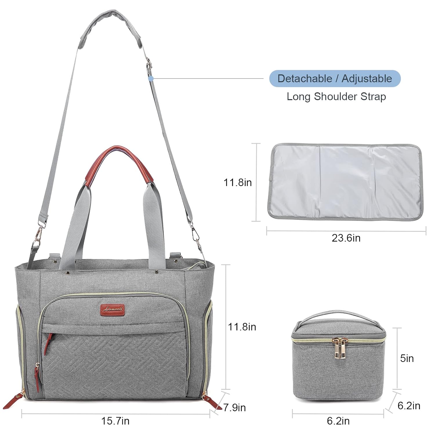 LOVEVOOK Diaper Bag Set, 3-Piece Set with Laptop Pocket, Cooler Bag & Changing Pad, Fits Most Breast Pumps, Grey, 15.7" x 8" x 11", For Mothers, Newborn - 3 Years