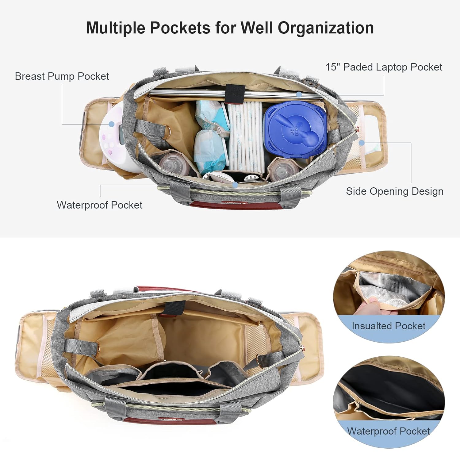 Alternative view of LOVEVOOK Diaper Bag Set, 3-Piece Set with Laptop Pocket, Cooler Bag & Changing Pad, Fits Most Breast Pumps, Grey, 15.7" x 8" x 11", For Mothers, Newborn - 3 Years