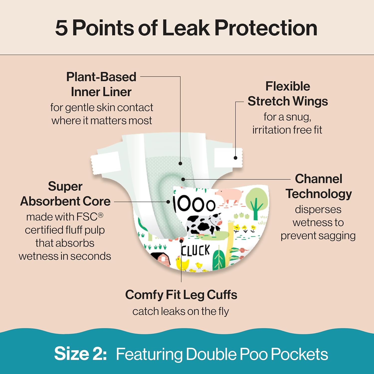 Alternative view of The Honest Company Comfort Dry Disposable Diapers for Sensitive Skin, Hypoallergenic, Fragrance-Free, Multi-Colored Giraffes + Barnyard Babies, Club Box, Size 2 (12-18 lbs), 72 Count