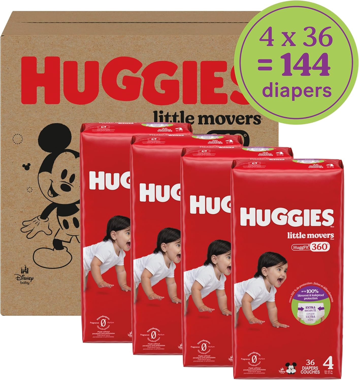Huggies Size 4 Baby Diapers, Little Movers HuggFit 360° Baby Diapers with 360° Waistband, Size 4 (22-37 lbs), 144 Count (4 Packs of 36), Packaging May Vary