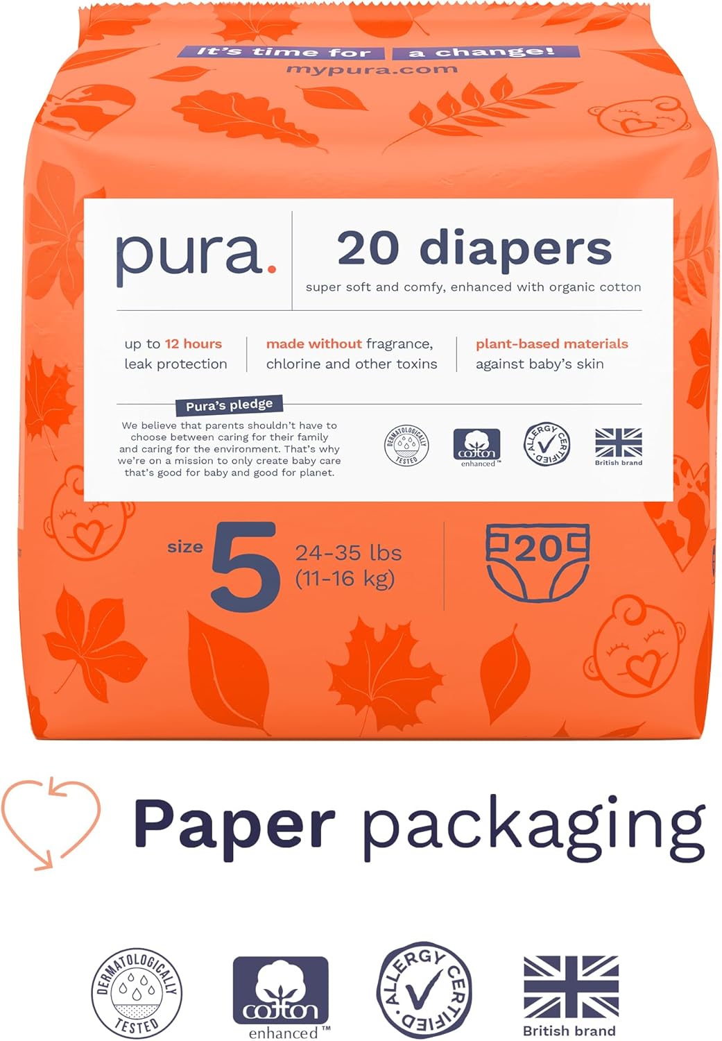 Pura Size 5 Eco-Friendly Diapers (24-35 lbs) Totally Chlorine Free (TCF) Hypoallergenic, Soft Organic Cotton, up to 12 Hours Leak Protection, Allergy UK, 3 Packs of 20 (60 Count)