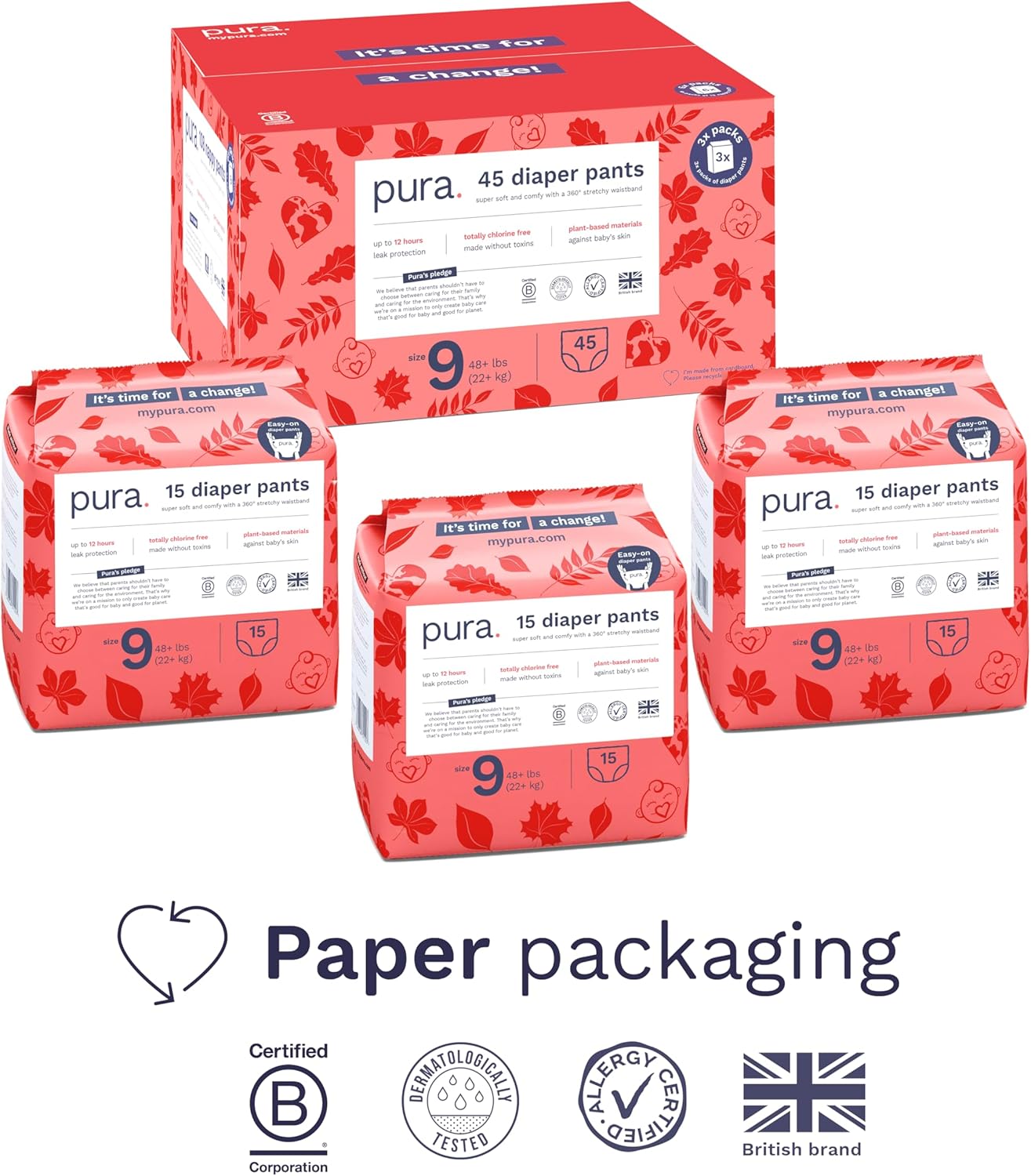 Pura Hypoallergenic Diaper Pants Size 9 (48+ lbs) Overnight, up to 12 Hours Leak Protection, Suitable for Sensitive Skin, Totally Chlorine Free, Soft Organic Cotton, 3 Packs of 15 (45 Pull Up Pants)