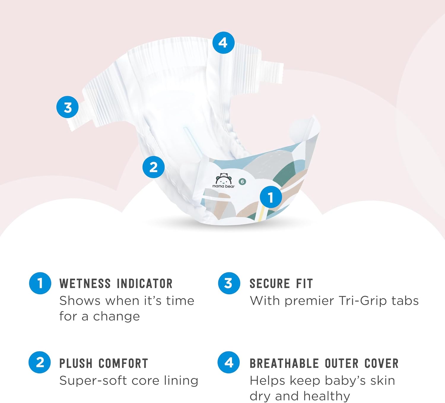 Amazon Brand - Mama Bear Plush Protection Diapers - Size 6, 25 Count, Hypoallergenic Premium Disposable Baby Diapers, White and Cloud Dreams