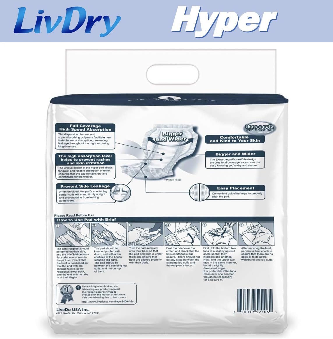 LivDry High Absorbency Pad Insert for Incontinence Briefs and Adult Diapers, Women and Men, Hyper 2400 (18 Count)