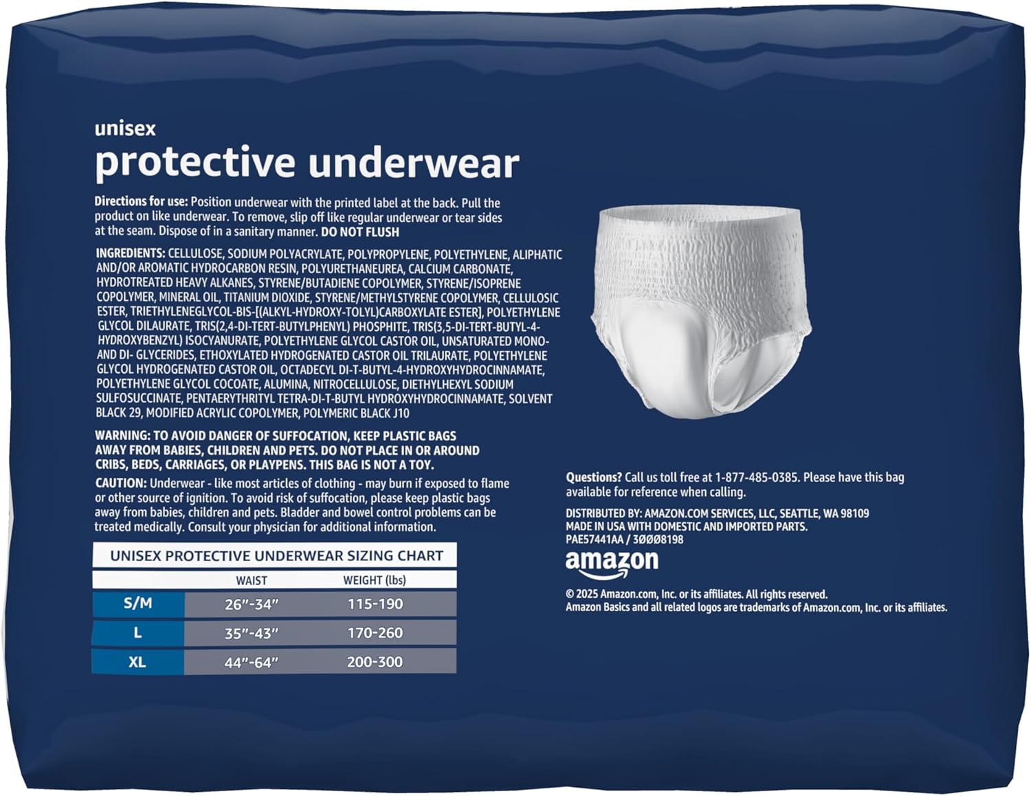 Amazon Basics Unisex Protective Underwear, Overnight Absorbency, Small/Medium, 16 Count, (1 Pack of 16)