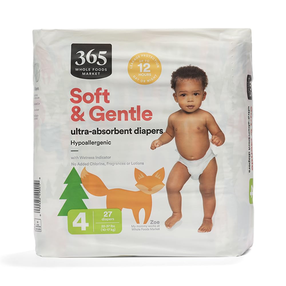 365 by Whole Foods Market, Soft & Gentle Size 4 Diapers with Wetness Indicator, Ultra-Absorbent, Hypo-Allergenic, Ultra-Absorbent, 27 Count