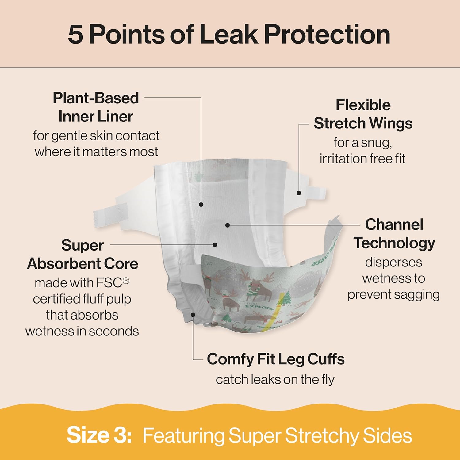 The Honest Company Clean Conscious Diapers for Delicate Skin | Up to 100% Leakproof | Hypoallergenic, Fragrance Free | Winter '25 Limited Edition Prints | Club Box, Size 3 (16-28 lbs), 62 Count