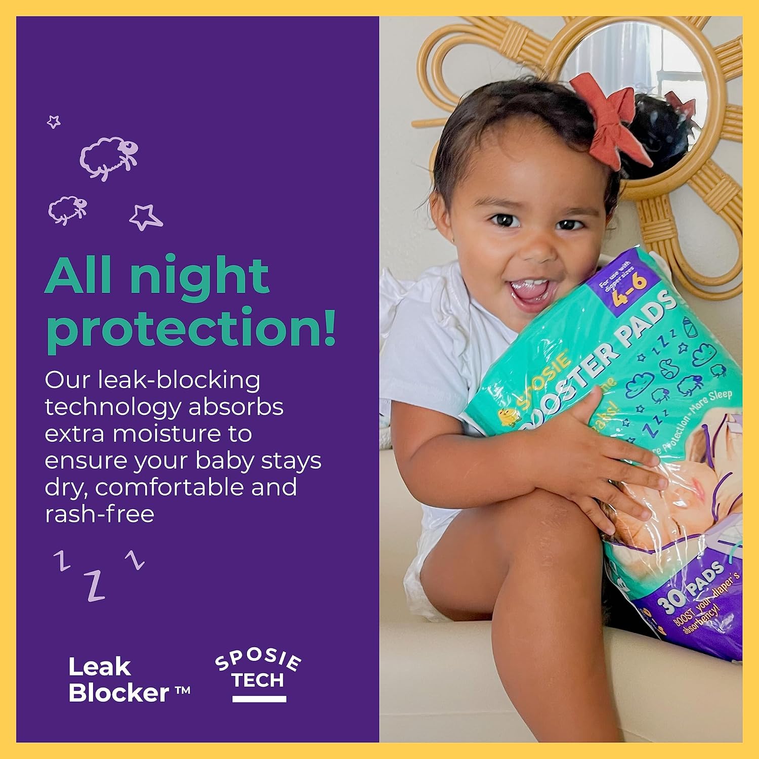 Sposie Overnight Diaper Booster Pads, Stops Leaks and Bedwetting, Original Adhesive-Free Absorbent Inserts, Helps Reduce Nighttime Changes and Rash, Use with Sizes 4-6, Made in U.S.A. 90 ct.