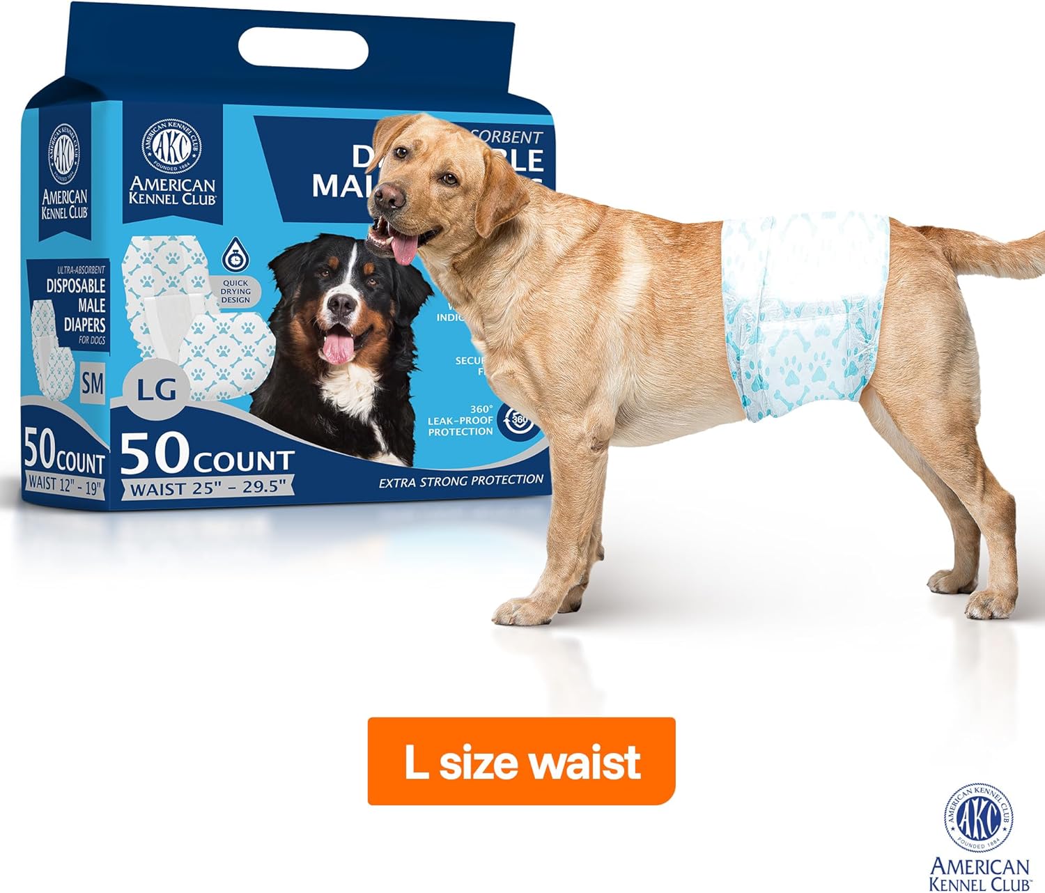 American Kennel Club Male Dog Wrap, Disposable Diapers with Wetness Indicator, Large, 50 Count