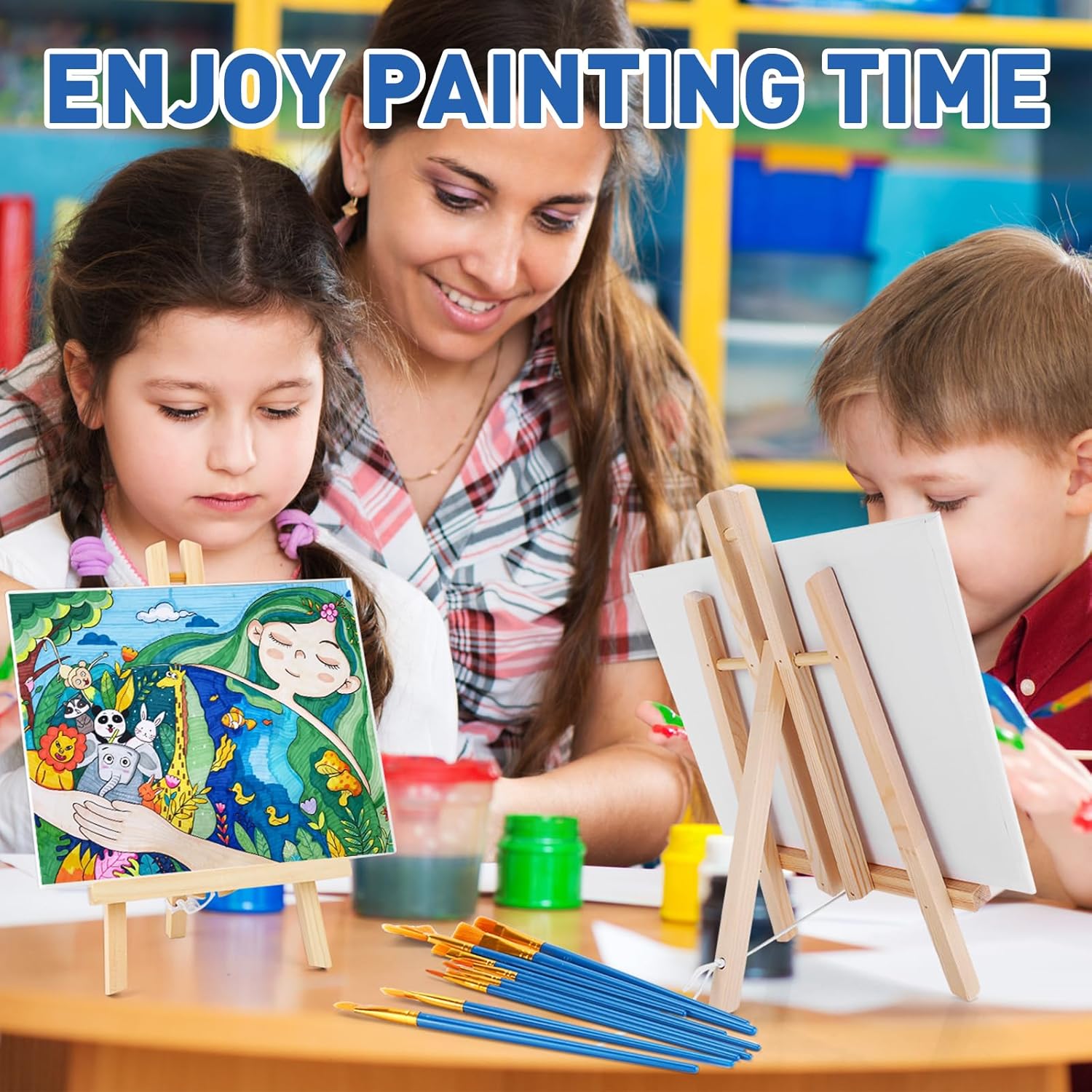 ESRICH 234 Pack Canvas with Easel Set 8 x 10 in Canvas Boards with 11.8 in Wooden Easels, Paint Brushes Canvas Panel Painting Kit for Acrylic Oil Watercolor Beginners Art Crafts Sip and Paint Party