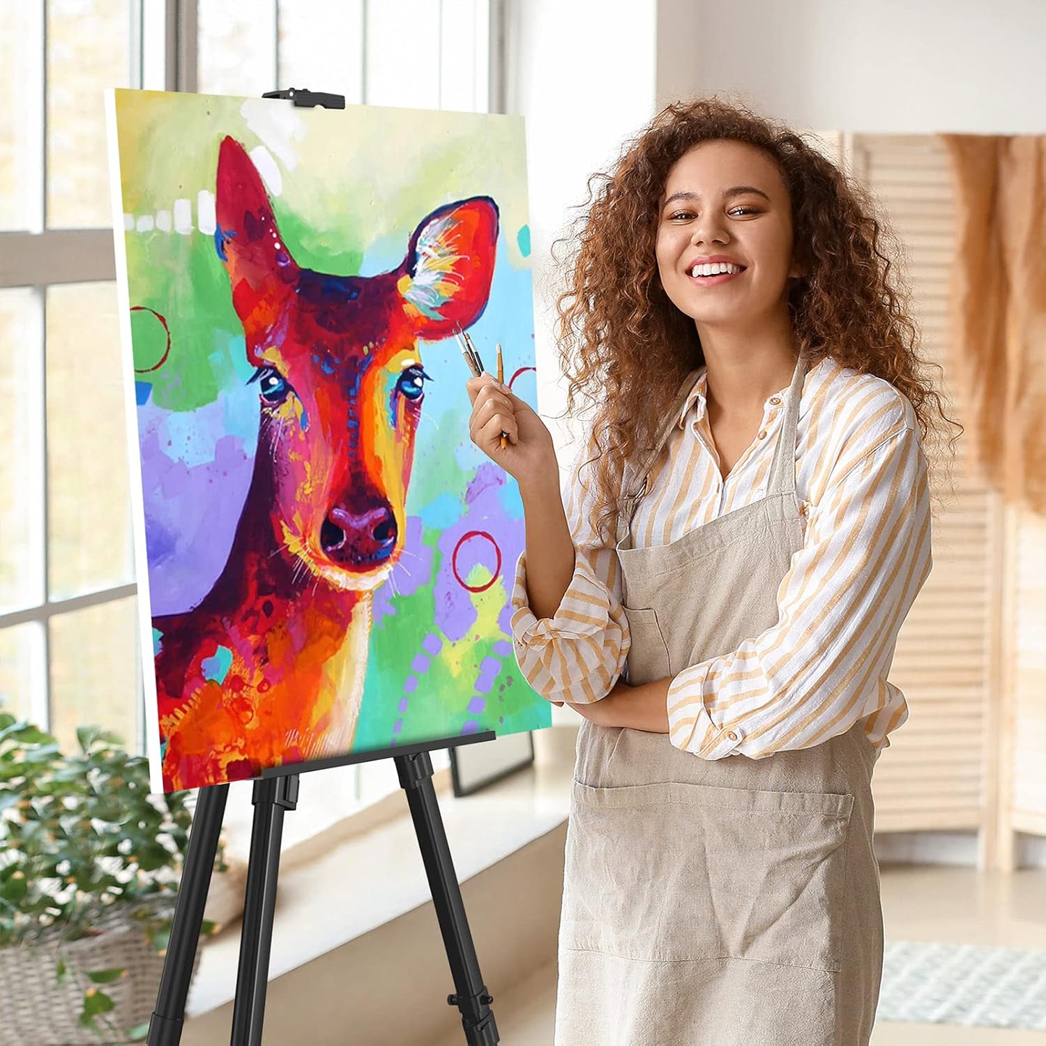 Art Painting Artist Easel Stand, Portable Adjustable Aluminum Metal Tripod Display Easel with Bag, Height from 17 to 66 inch for Table-Top/Floor Drawing and Displaying, Black