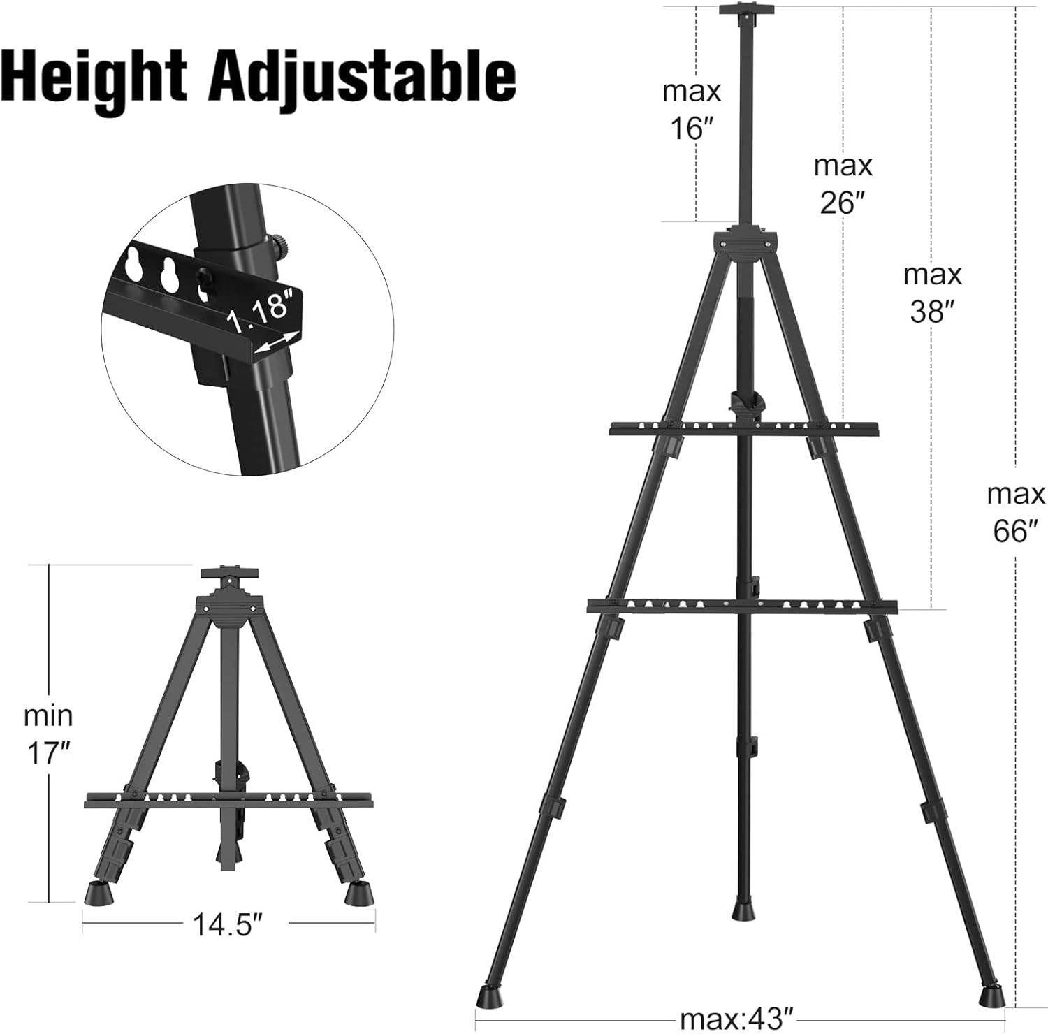Alternative view of Art Painting Artist Easel Stand, Portable Adjustable Aluminum Metal Tripod Display Easel with Bag, Height from 17 to 66 inch for Table-Top/Floor Drawing and Displaying, Black