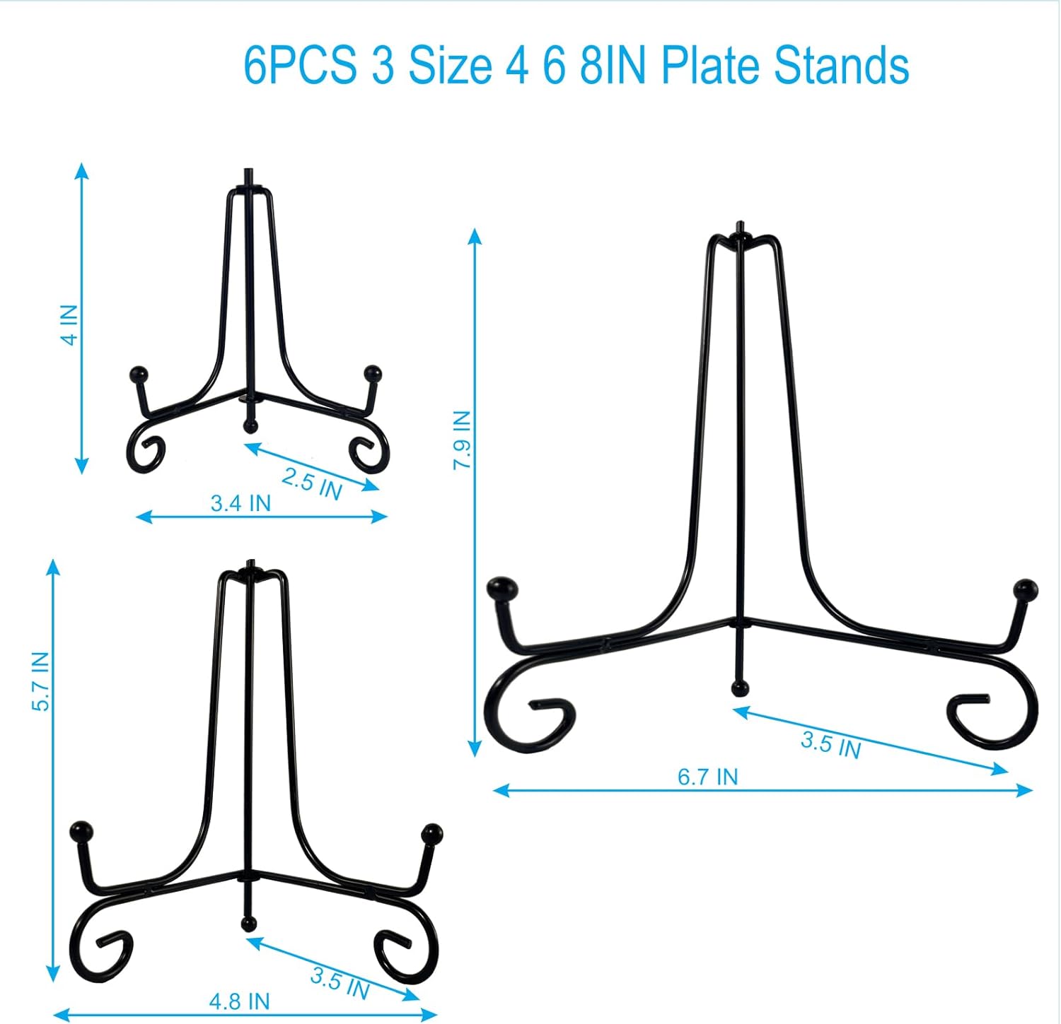 Alternative view of HENABLE 6PCS 3 Size Black Iron Plate Stands for Display - 4, 6, 8 Inch Decorative Metal Plate Holders - Mini Easel, Frame, Book, Card, Plaque, Bowl, Picture Display Stands