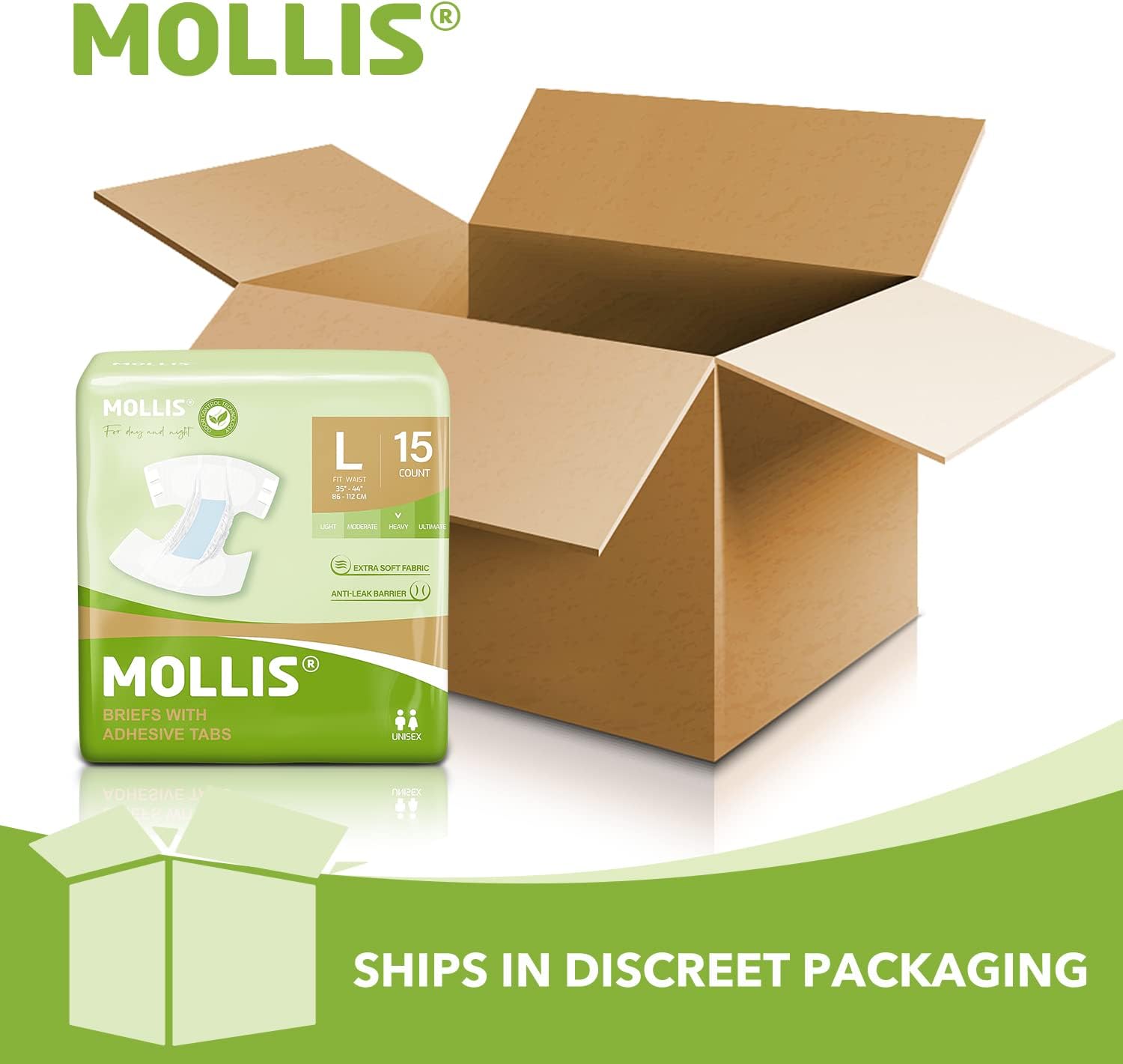 Alternative view of MOLLIS Adult Diapers for Women and Men, Unisex Disposable Incontinence Briefs with Tabs, Odor Control, Large, 15 Count
