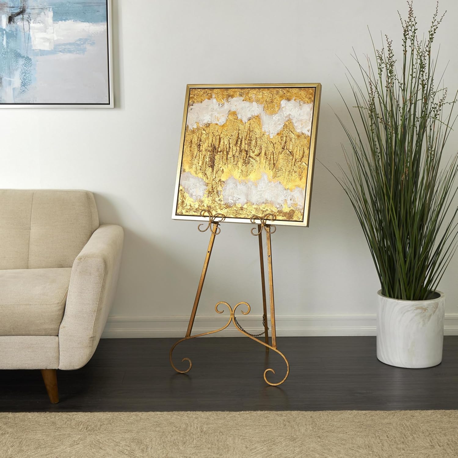 Deco 79 Metal Scroll Large Free Standing Adjustable Display Stand Easel with Chain Support, 22" x 21" x 46", Gold