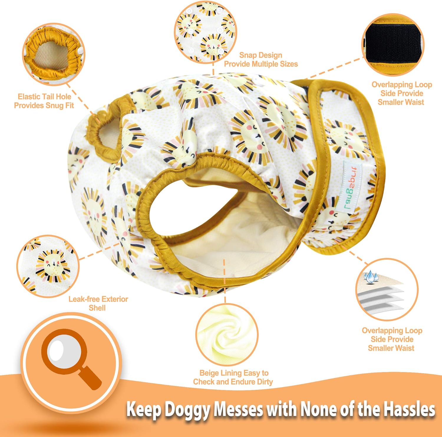 Alternative view of Langsprit Washable Female Dog Diapers (3 Pack) -Doggie Reusable Diapers for Doggy Puppy Female in Period - Highly Absorbent Dog Heat Panties with Adjustable Snaps (Rabbit, Owl, Lion, Large)