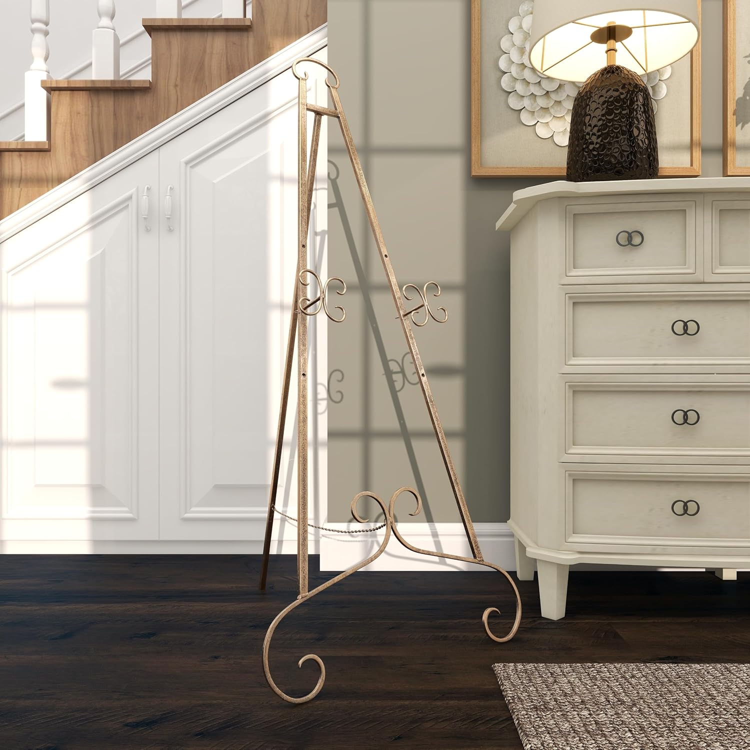 Deco 79 Metal Scroll Large Free Standing Adjustable Display Stand Easel with Chain Support, 22" x 21" x 46", Gold - Image 6