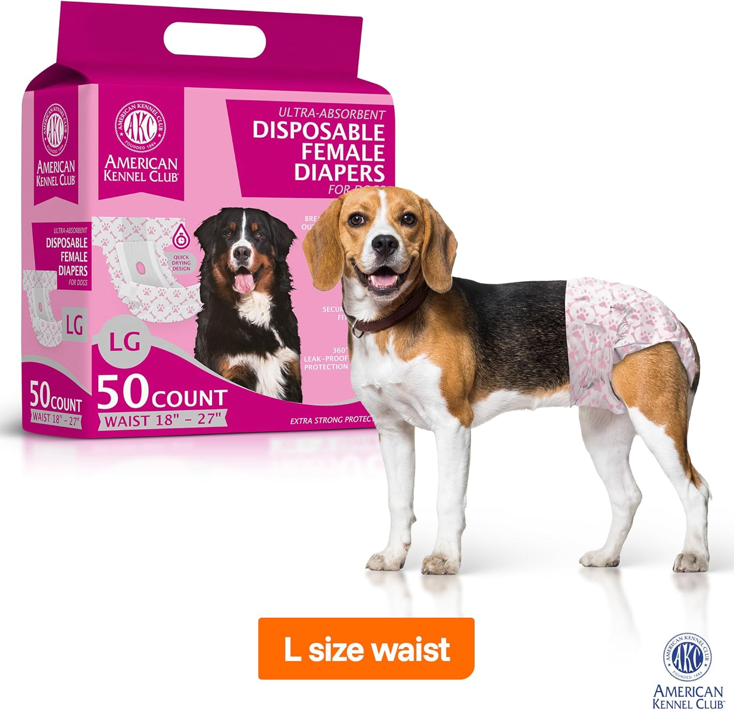 American Kennel Club Female Dog Wrap, Disposable Diapers with Wetness Indicator, Large, 50 Count