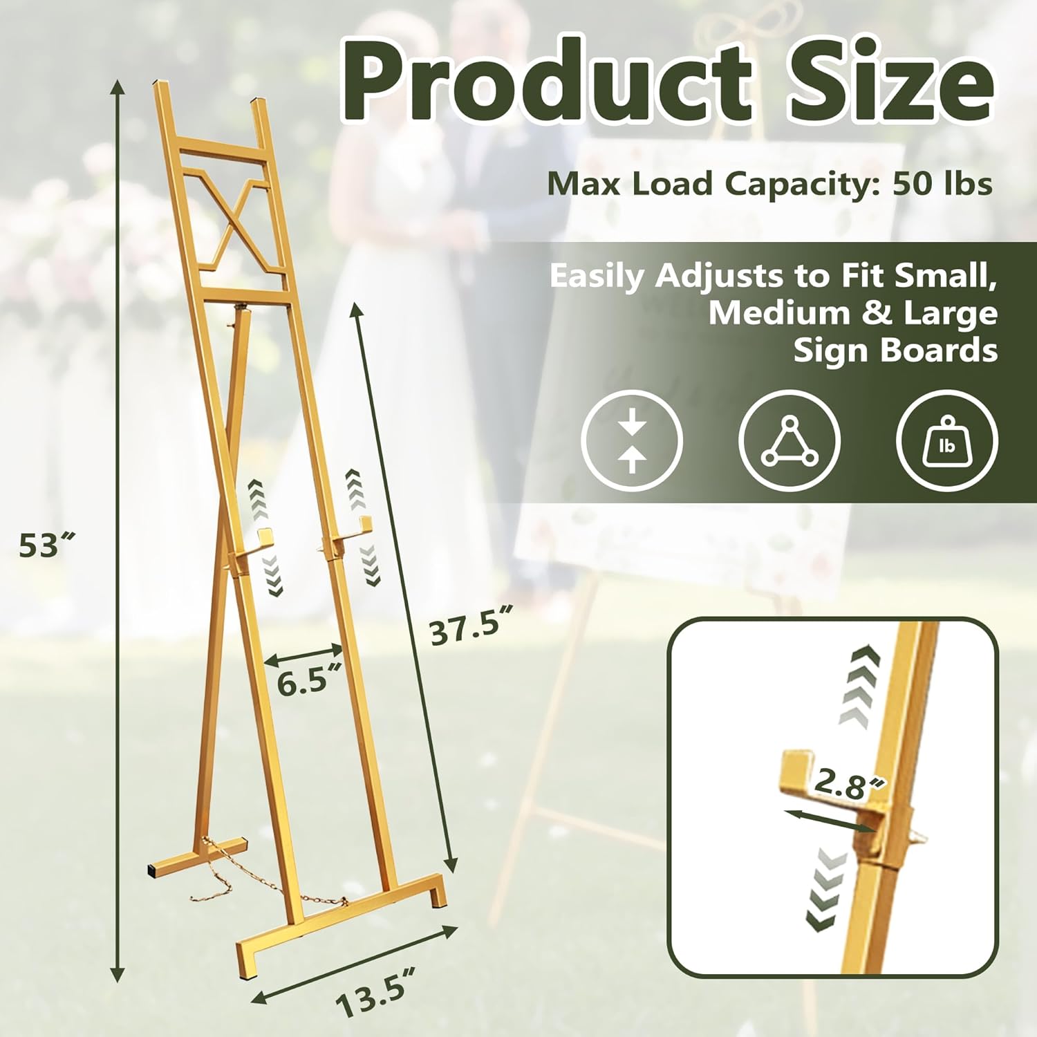 Gold Easel Stand for Sign, 53'' Adjustable Easel Stand for Display, Metal Easel Display Stand Heavy Duty(Square Tube)