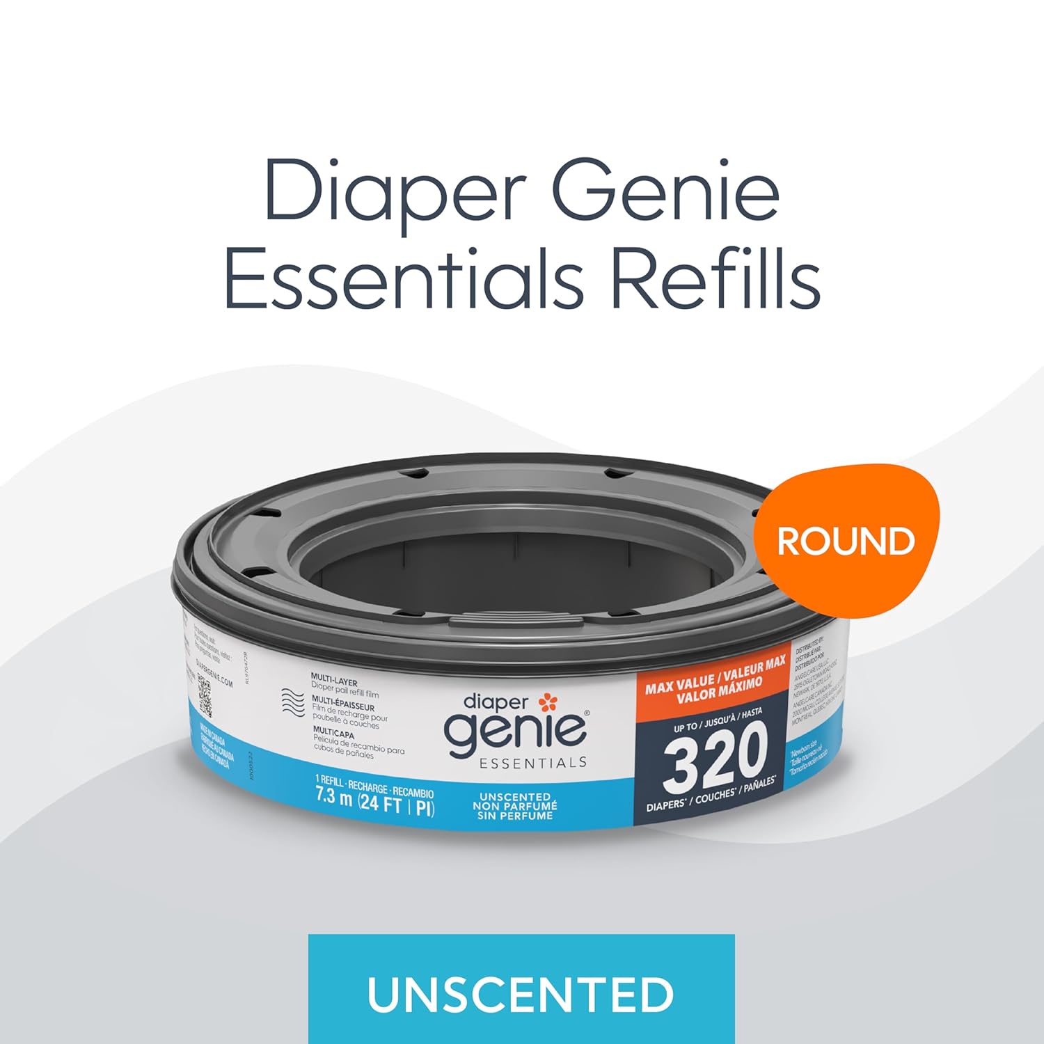 Diaper Genie Essentials Round Refill 8-Pack | Holds Up to 2560 Newborn Diapers | Features Unscented Continuous Film | Compatible with Diaper Genie Complete and Expressions Pails,8 Count (Pack of 1)