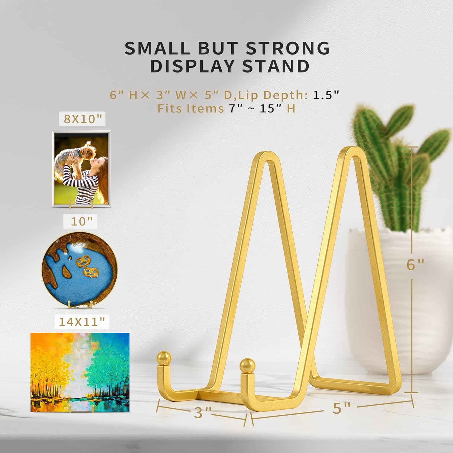 IPAME 6 Inch Metal Square Wire Plate Stands for Display - Gold 2 Pack Holder Stand + Picture Frame Easel for Book, Decorative Plaque, Photo, Platter