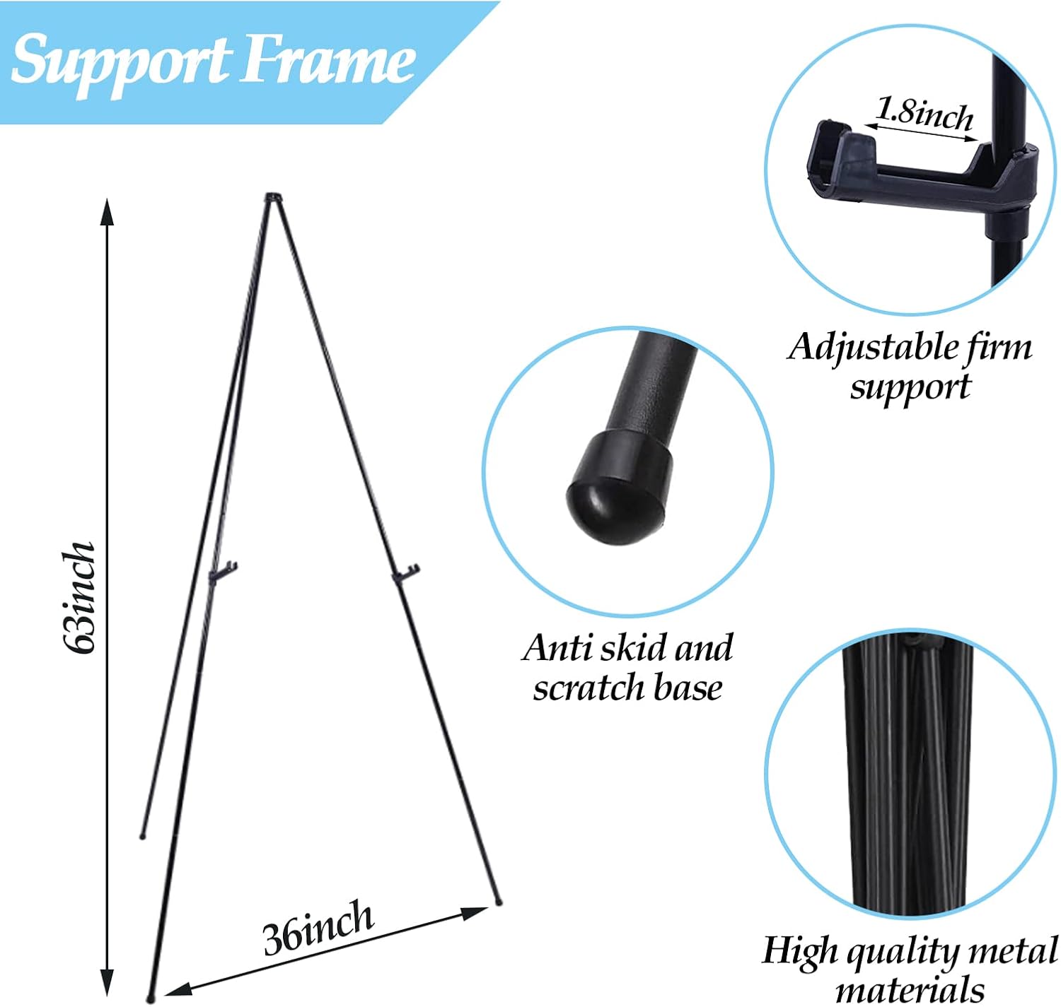 Alternative view of Thickened Easel Stand for Wedding Sign & Poster 63'' Portable Easels for Display Art Easel for Floor Adjustable Metal Easel Stand,Quick Set-Up Tripod Stand, Presentations,Signs,Posters (Black 1PC)